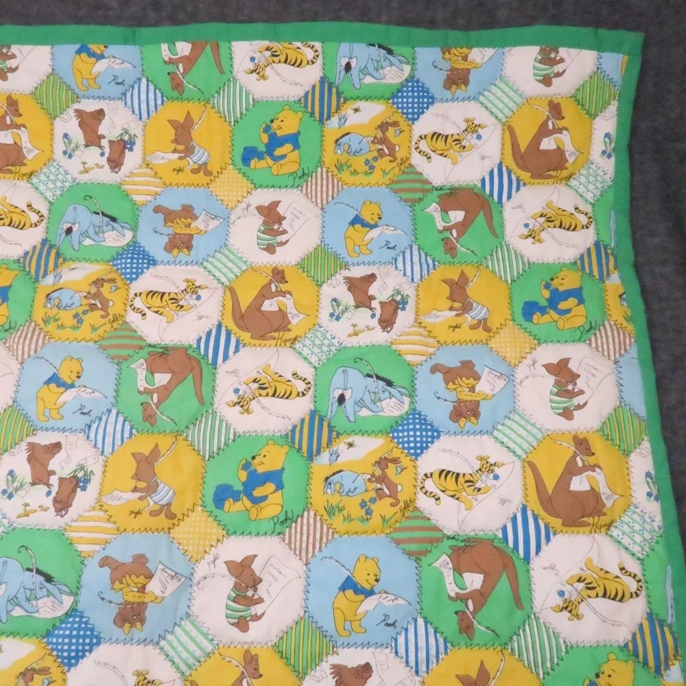 Winnie the Pooh Hexagon Patchwork Quilt Blanket 52x43 Green Nursery Crib Vtg 70s